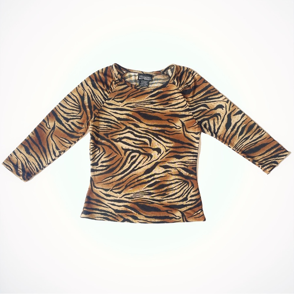 Women’s Sz S Stretchy Fitted Tiger Print Three-Quarter Sleeve Shirt
